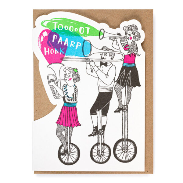 Photograph of illustrated card featuring a troupe of musicians riding unicycles