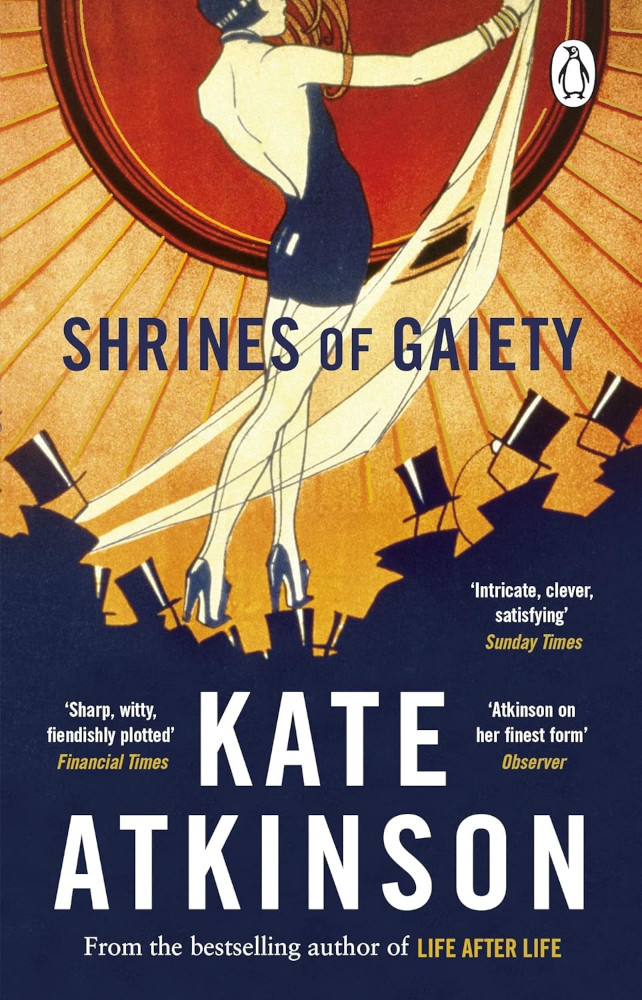 Shrines of Gaiety1 Book cover featuring a three-colour illustration of a woman performing onstage for a crowd of men in top-hats